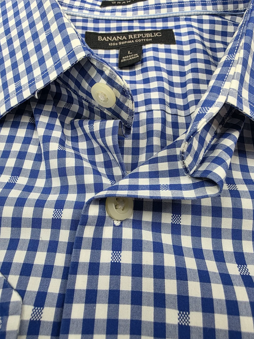 Banana Republic Grant Fit 120s Supima Cotton Dress Shirt Blue White Gingham Chec